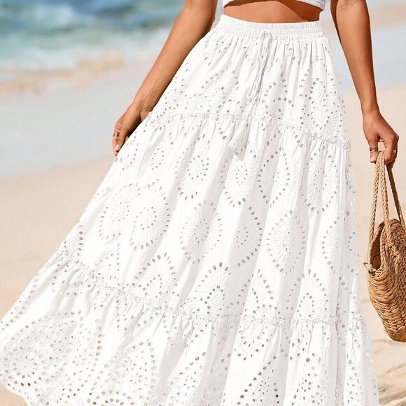 White Boho Women's Tiered Flowy Maxi Skirt with Lace Embroidery - Picture 5 of 5